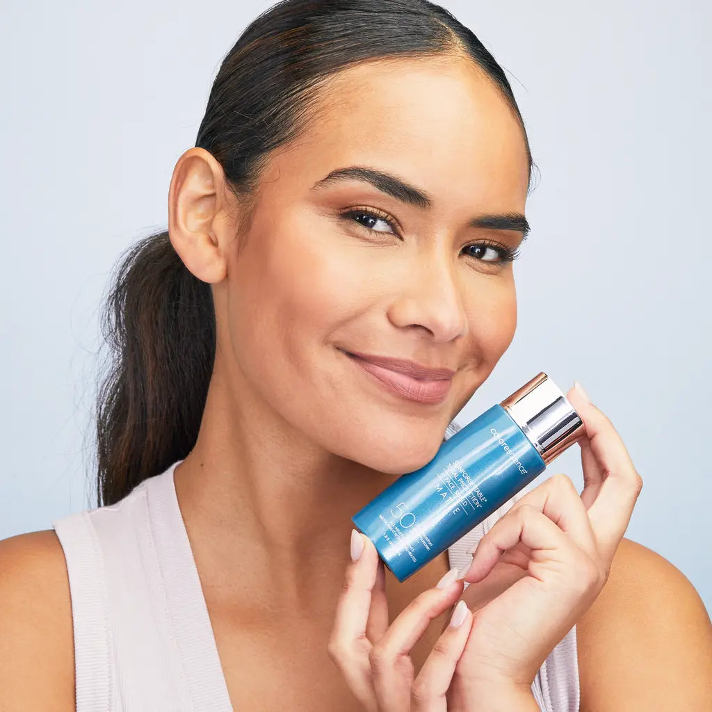 Model wearing Sunforgettable® Total Protection™ Face Shield Matte SPF 50 || all