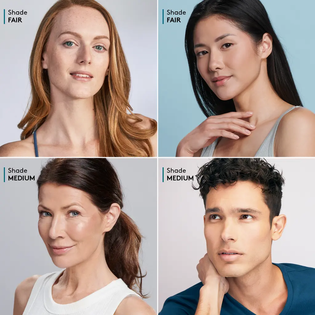 top row: two models wearing Fair, bottom row: two models wearing Medium || all